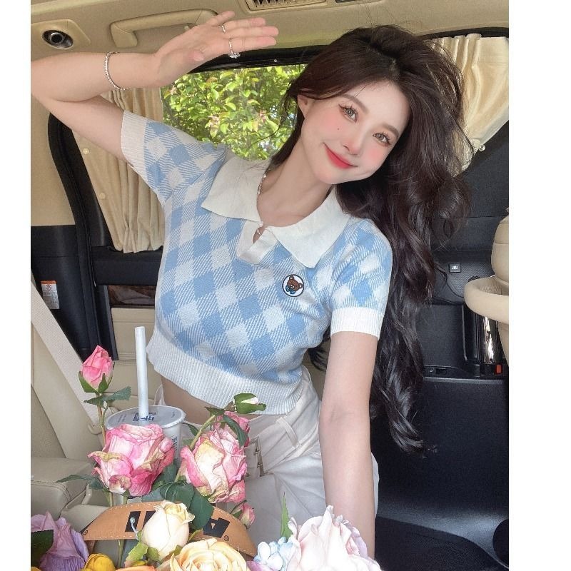 Áo croptop áo loang Áo Thun Cổ POLO Tay Ngắn Chất Liệu Lụa Lạnh Màu Sắc Tương Phản Thời Trang Mùa Hè Cho Nữ 2022