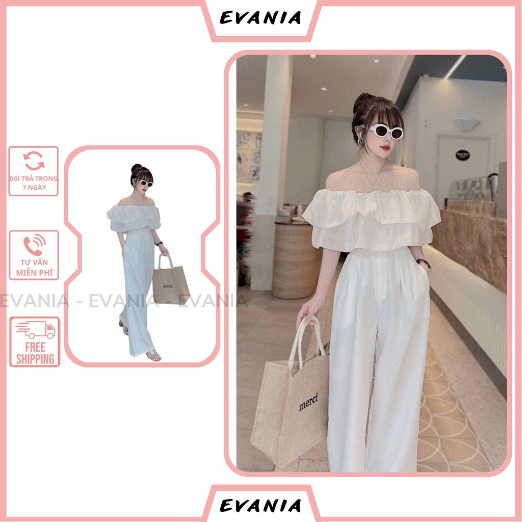 Váy hở vai EVANIA kèm quần ống rộng nữ, áo voan trễ vai chất chéo thái,áo trễ vai bánh bèo, áo kiểu trễ vai