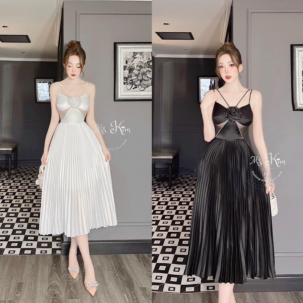 Đầm Váy Nữ 2 Dây Cổ Yếm Đính Hoa Thân Váy Dập Ly