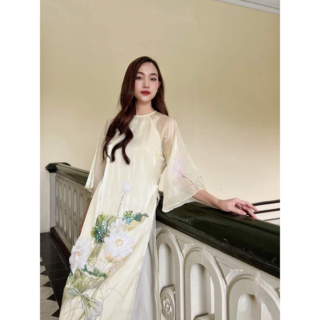 Áo Dài Cách Tân Dáng Suông -Tơ Organza cao cấp,Họa Tiết Đính Kết Hoa Sen