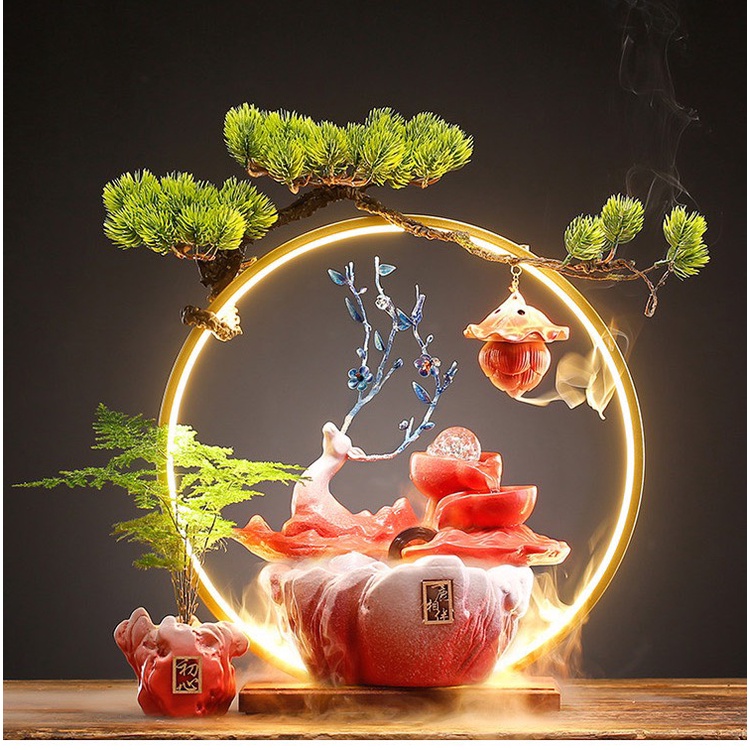 Thác nước, thác khói trầm hương phong thủy , có đài phun nước tự động kèm đèn LED cao cấp hươu xanh, đỏ