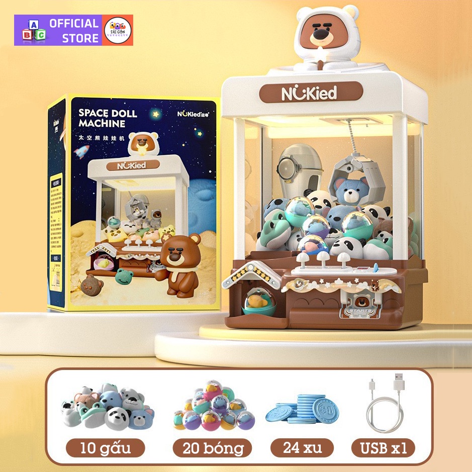 Máy Gắp Thú Mini Gấu Boonie Phi Hành Gia Kích Thước Lớn Có Nhạc, Đèn Kèm Xu Đếm Thời Gian, Có Sẵn Nhiều Thú Bông Cho Trẻ