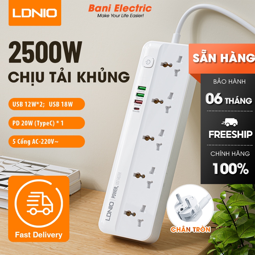 Ổ cắm điện đa năng LDNIO 5 cổng AC220V - Tích hợp 1 Cổng sạc nhanh TypeC chuẩn PD3.0 20W, 1 QC3.0 18W và 2 USB 12W