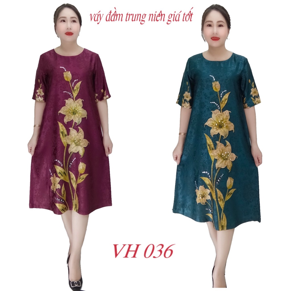 Đầm GẤM LỤA cao cấp Quảng Châu in hoa 3D , ép đá hạt sang chảnh lịch sự phù hợp với tuổi trung niên