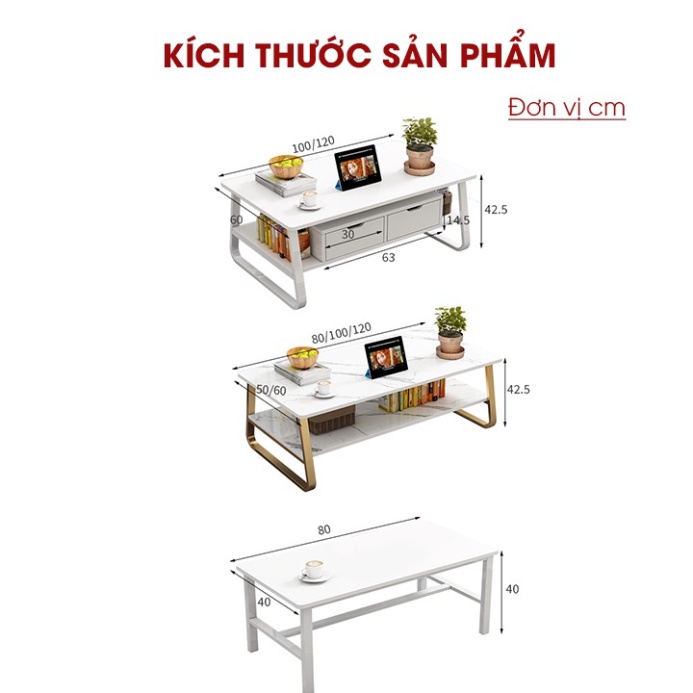 Bàn trà sofa phòng khách mặt gỗ họa tiết vân đá KT:100x50x42,Bàn uống nước 2 tầng khung thép chịu lực | BigBuy360 - bigbuy360.vn