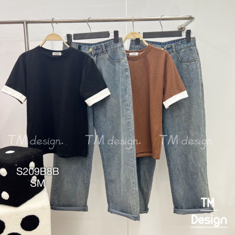 Set Áo Thun Pull Cộc Tay Cổ Tròn Mix Quần Bò Baggy Ống Suông Thiết Kế Phong Cách Cho Nữ