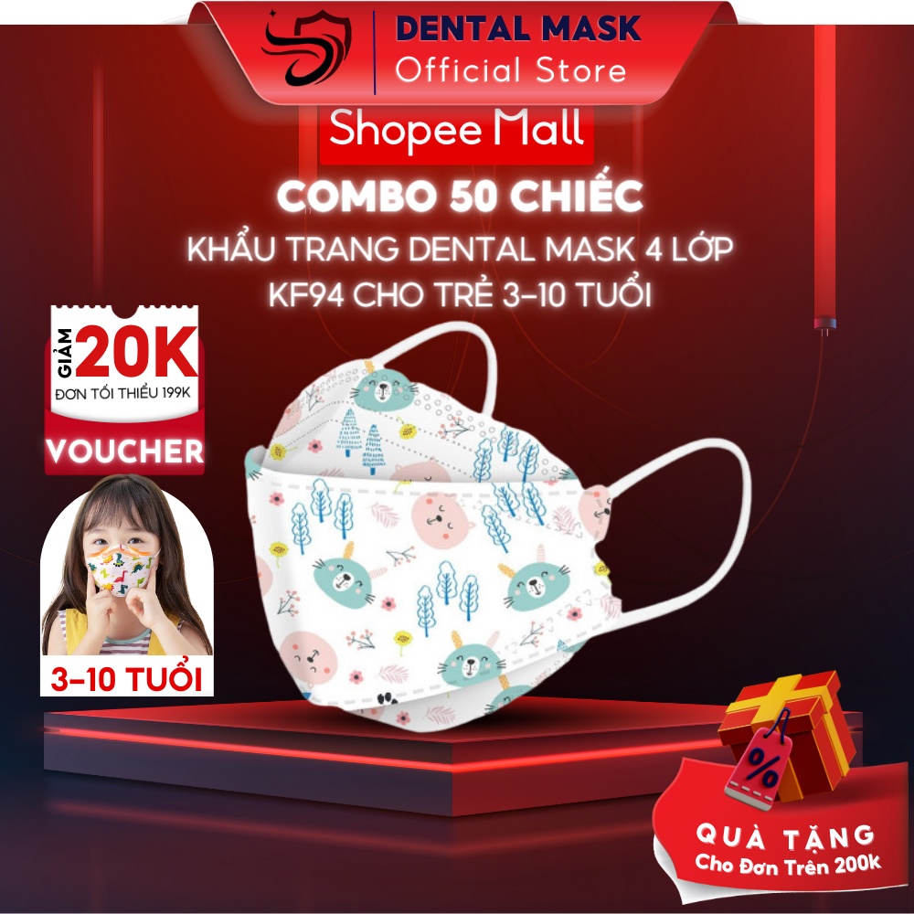 Khẩu trang trẻ em KF94 Dental Mask (Hộp 50 chiếc) cho bé từ 3 đến 10 tuổi 4 lớp chống nắng tia UV họa tiết hoạt hình