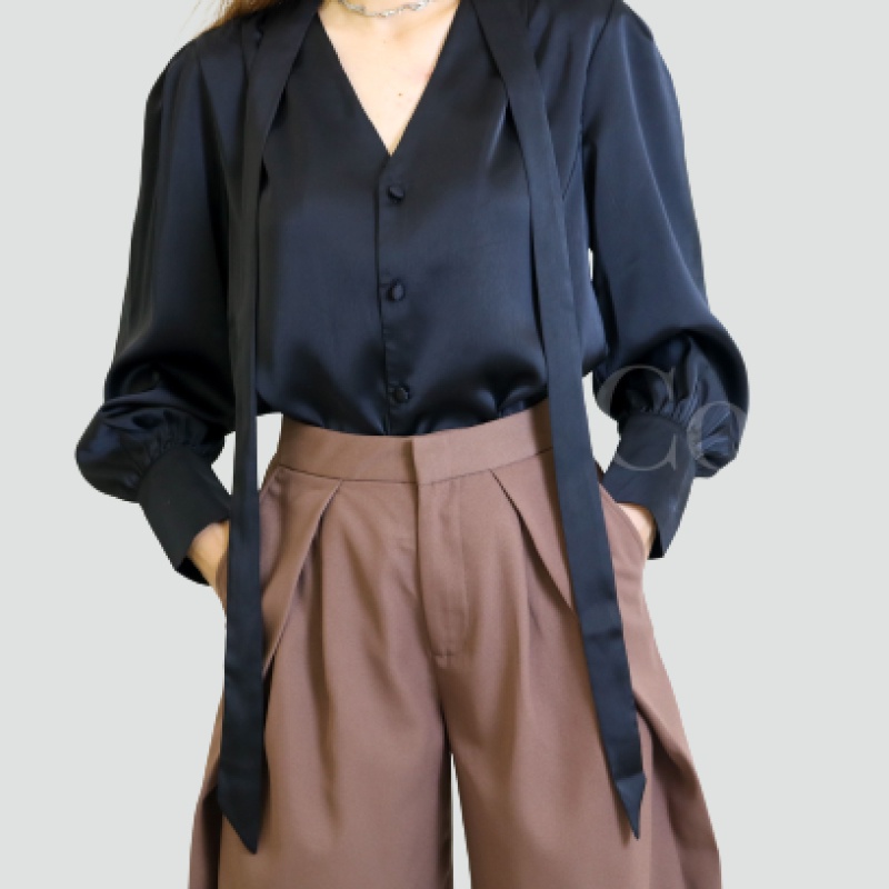 COSOUNI - Áo Sơ Mi Lụa Kiểu Nữ Màu Đen