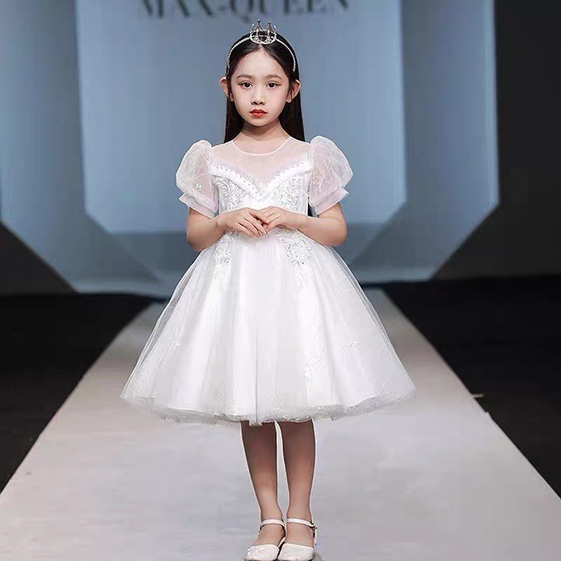 Váy Đầm công chúa ren trắng voan tơ thêu hoa đính ngọc cao cấp cho bé gái 8kg đến 40kg