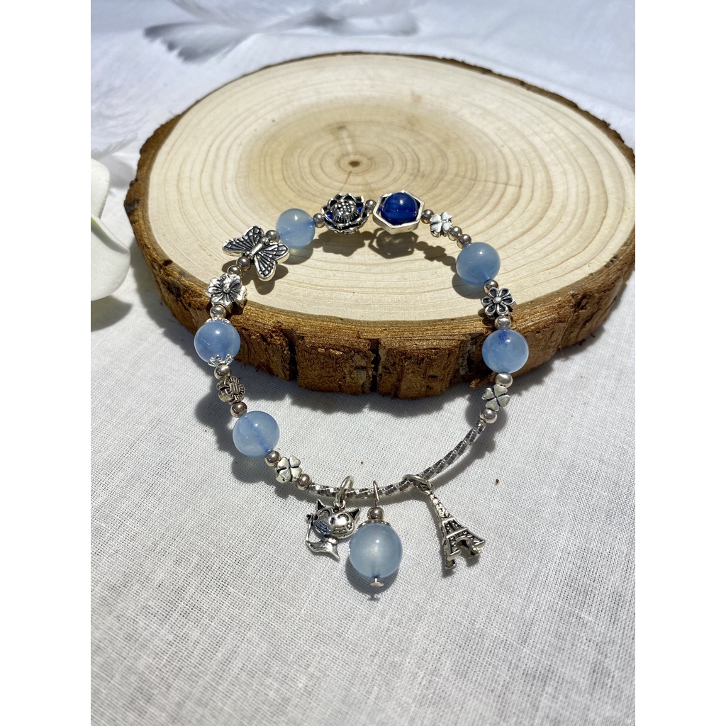 Vòng Phong Thủy mệnh Thủy - Mộc. Vòng đá Aquamarine vs đá Kyanite mix charm bạc 925