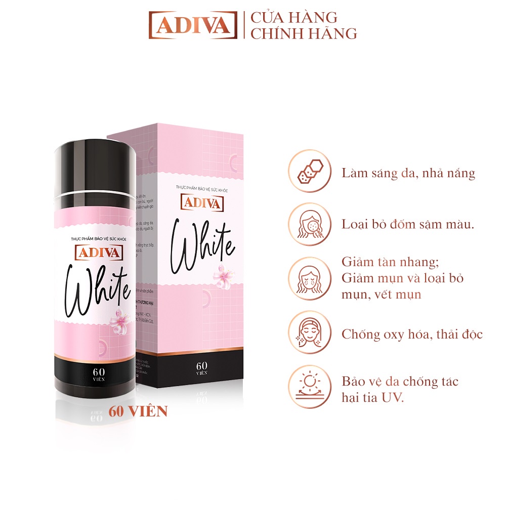 Combo 1 Hộp Viên Uống Trắng Da ADIVA White 60 Viên + 1 Hộp Viên Uống Bổ Sung Vitamin C ADIVA Acerola C Plus 60 Viên