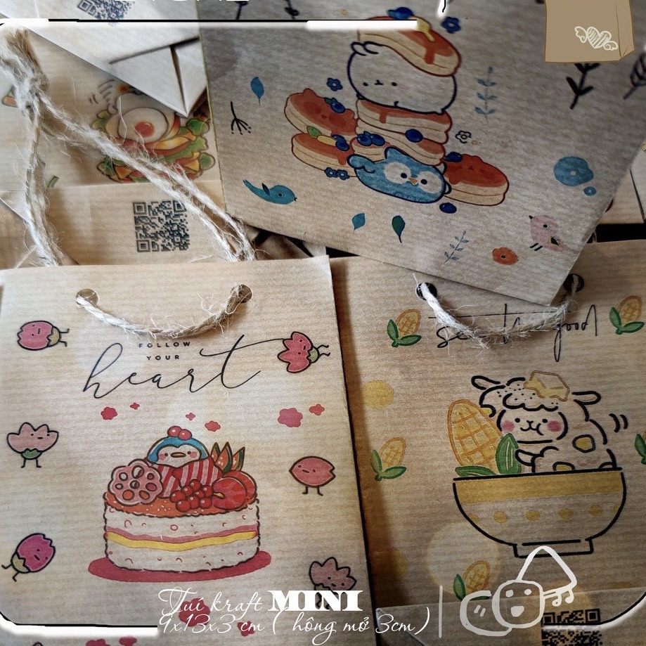 (Có quai xách) Túi giấy đựng quà mini chất liệu kraft KT 13x9cm Bao bì gói quà mini phong cách cổ điển vintage
