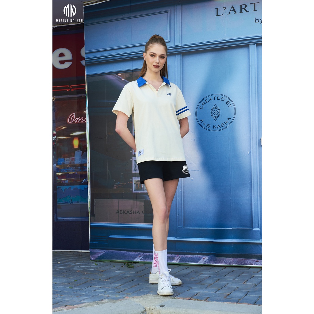 Áo phông hè thời trang MARINA NGUYỄN Thiết Kế Cổ bẻ, phối cổ và tay áo, Vải cotton 123-014