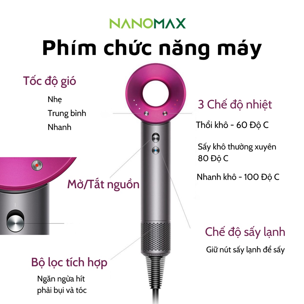 Máy Sấy Tóc NANOMAX High Speed 2 Chiều Nóng Lạnh Thiết Kế Không Lá Động Cơ Không Chổi Than 3 Tốc Độ Sấy 3 Chế Độ Nhiệt