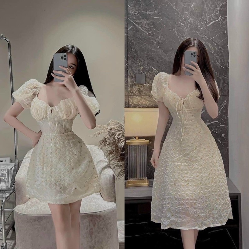 Váy Hoa Nhí Rút Ngực Xinh Xắn Tay Phồng