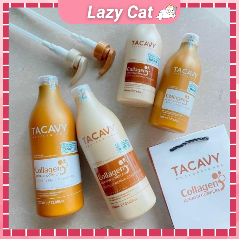 Dầu Gội Xả Tacavy Collagen 1000ml Siêu Mềm Mượt. Giảm Gãy Rụng, Phục Hồi Tóc Khô Xơ, Hư Tổn LazyCat