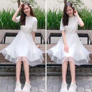 Váy đầm trắng công chúa ren cổ tay ngắn dự tiệc sinh nhật thời trang nữ thiết kế làm quà tặng siêu xinh