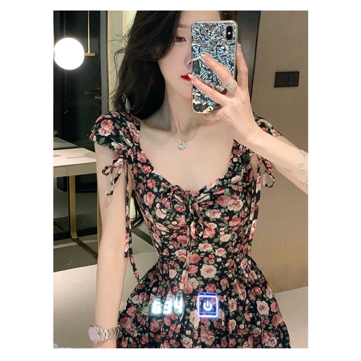 Váy hoa xòe mềm mại họa tiết hoa hồng nữ tính dịu dàng