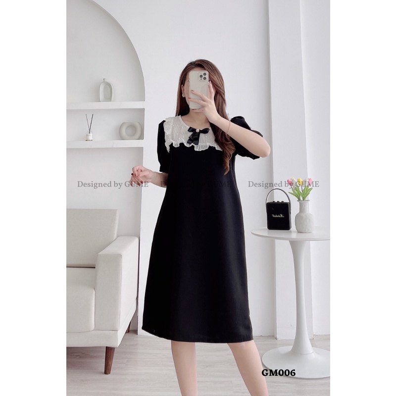 Váy bầu bigsize thiết kế công sở GuMe dáng chữ A phối cổ yếm nơ đen chất vải sạn lụa cao cấp dày dặn 40-100kg GM006