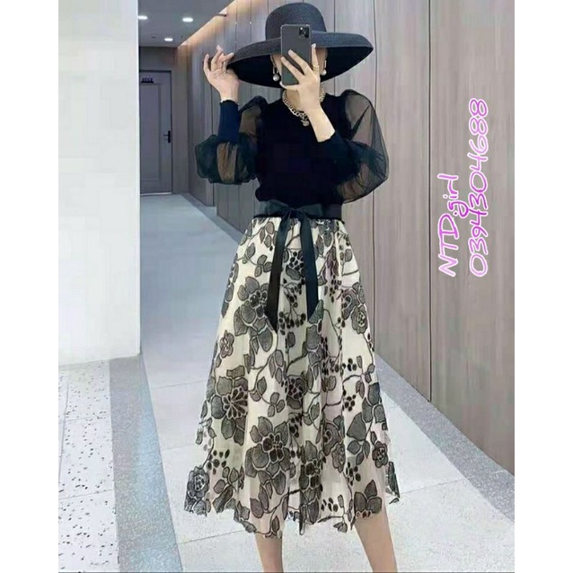 Hàng nhập - Đầm dáng xòe len phối tùng ren hoa, váy dự tiệc tay phồng thắt nơ eo
