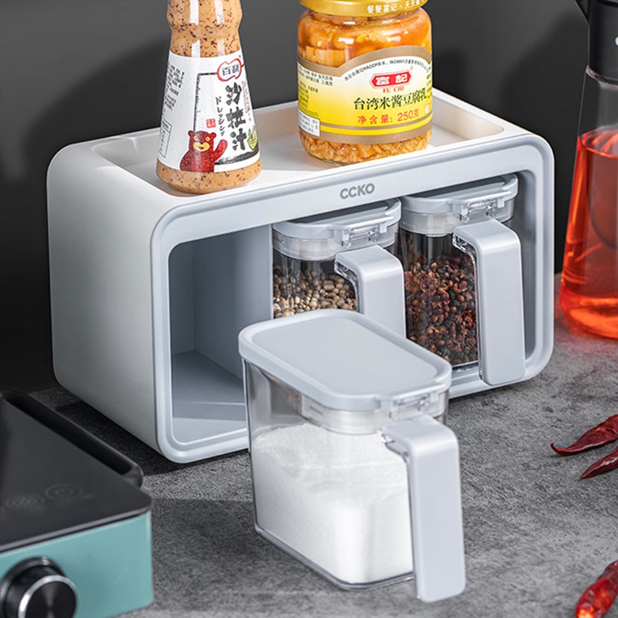 Set 3 lọ đựng gia vị kèm kệ treo tường CCKO CK8703 cao cấp