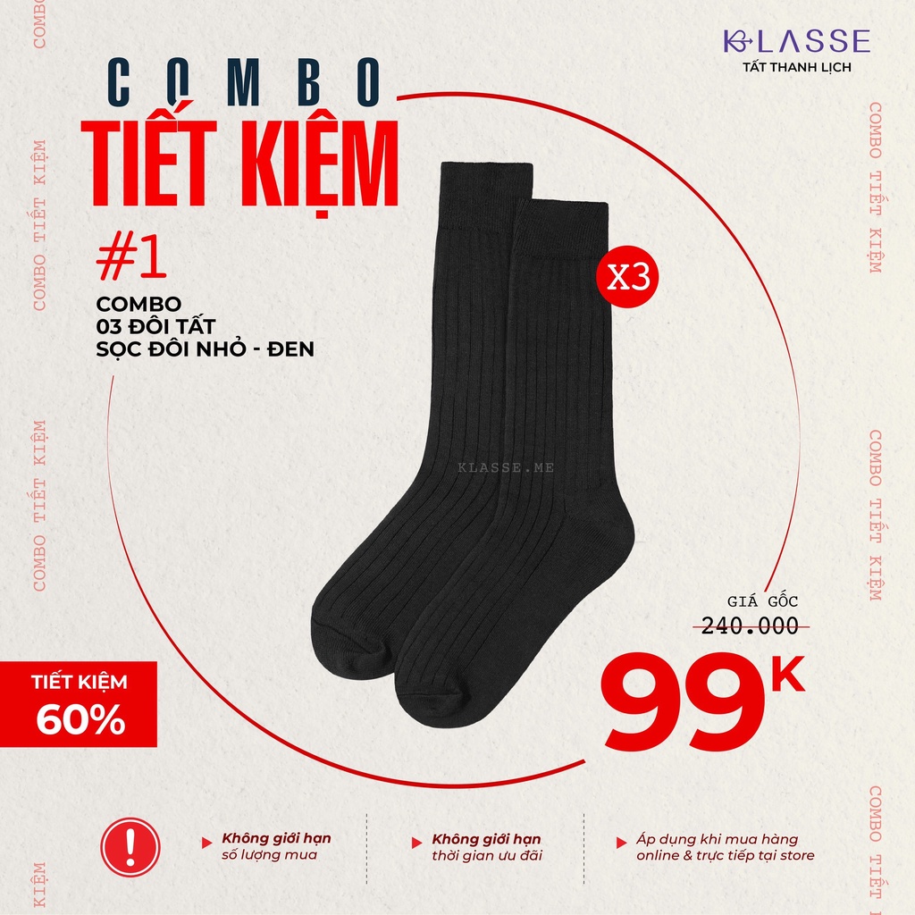 COMBO 1: 3 Đôi Tất Sọc Đôi Nhỏ Đen KLASSE Vớ Nam Nữ Cao Cấp