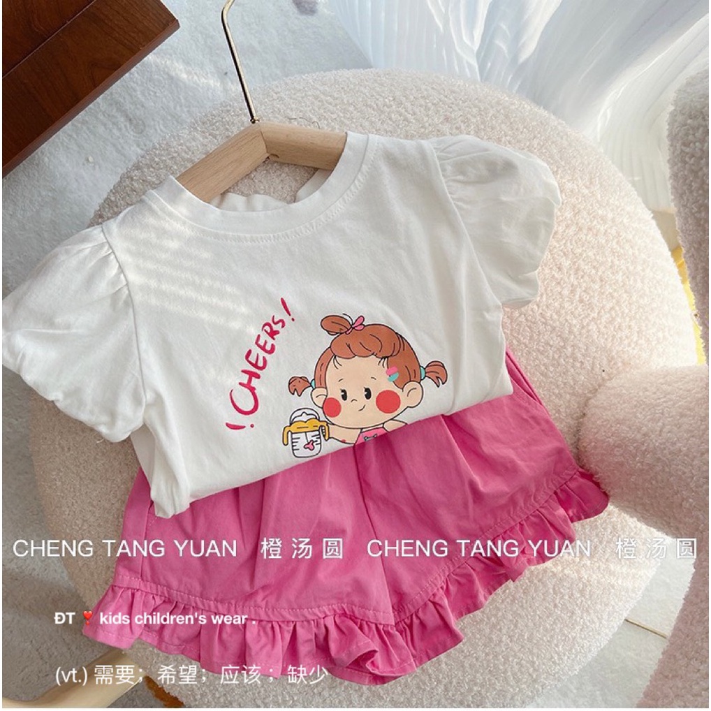 Đồ bộ bé gái, set áo cotton cô bé CHEERS phối quần hồng bèo dễ thương cho bé