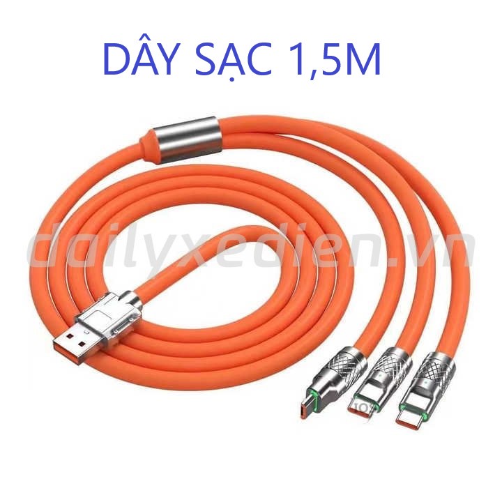 Cáp Sạc Nhanh 120W bằng Silicone Và Hợp Kim Kẽm 3 Trong 1 Siêu Bền Cổng USB Ra Lingting, Type C, Micro màu cam như hình