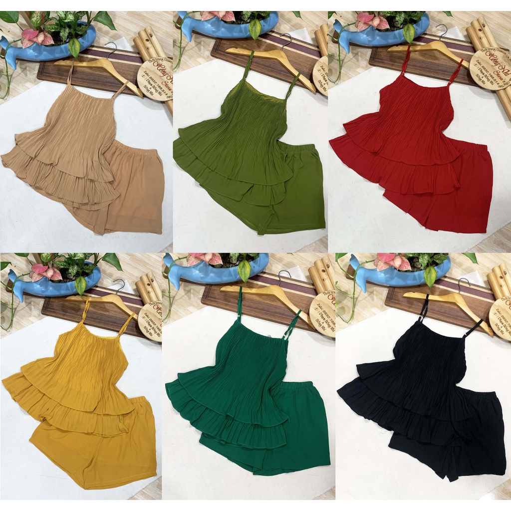 Bộ Pijama Voan Lụa Áo 2 Dây Dập Ly Quần Đùi Dáng Rộng Cao Cấp Ulzzang