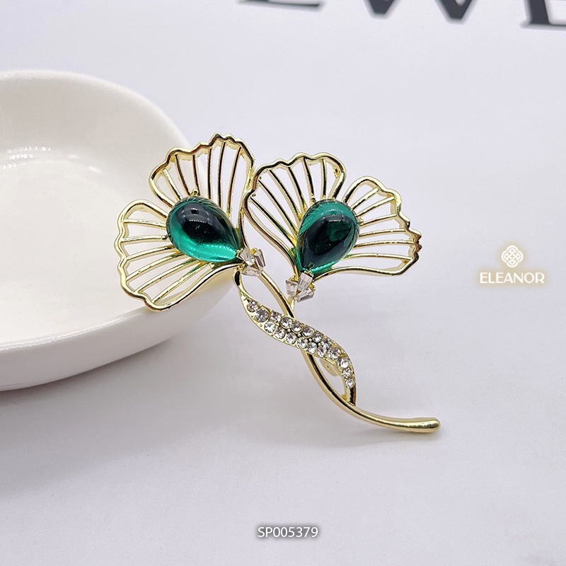 Ghim cài áo nam nữ Eleanor Accessories hình lá rẻ quạt đính đá xanh phong cách sang trọng phụ kiện trang sức 5379