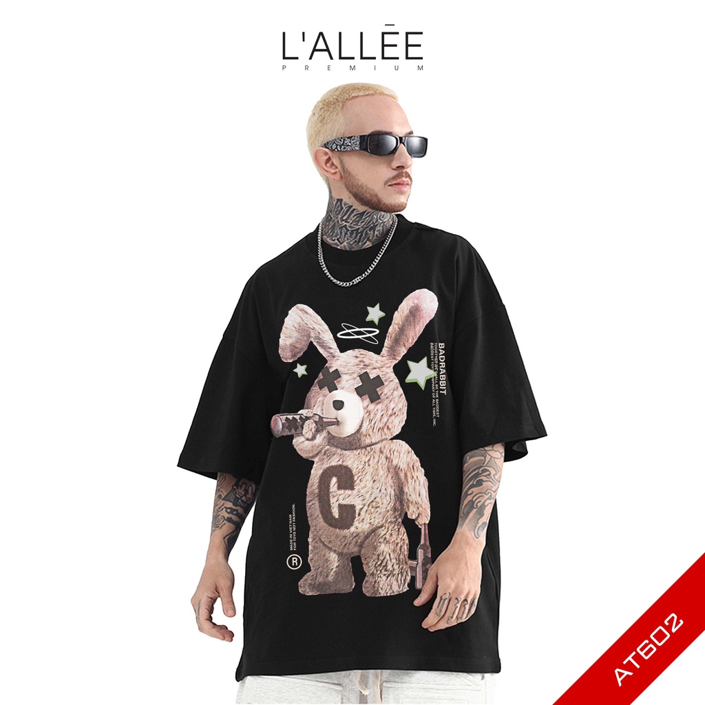 Áo thun Nam unisex LALLEE họa tiết Rabit chất liệu Cotton mềm mại, áo phông tay lỡ dáng đứng, dày dặn, thoáng mát AT602