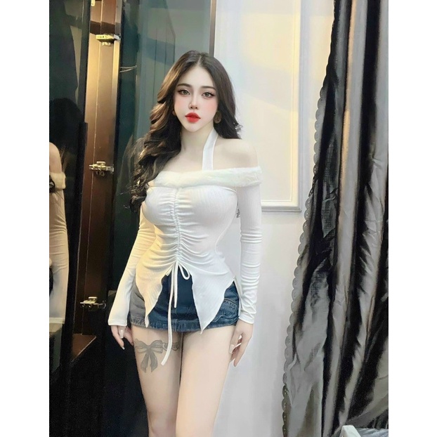 Áo Thun Tay Dài Kiểu TRỄ VAI RÚT DÂY VẠT NHỌN CHÉO, ôm dáng chuẩn xinh