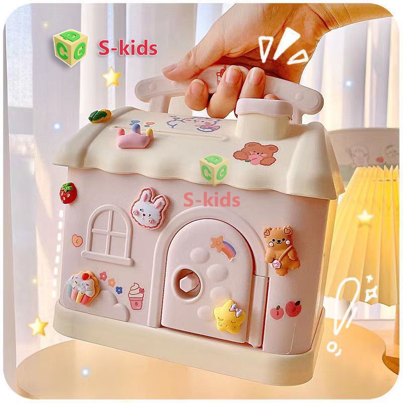 Hộp đựng tien tiết kiệm cho bé hình ngôi nhà dễ thương có khóa. Đồ chơi ống heo piggy bank S-kids