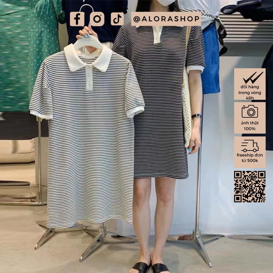 Váy polo cổ bẻ cài cúc kẻ ngang nét nhỏ trắng, đen thời trang nữ Alora