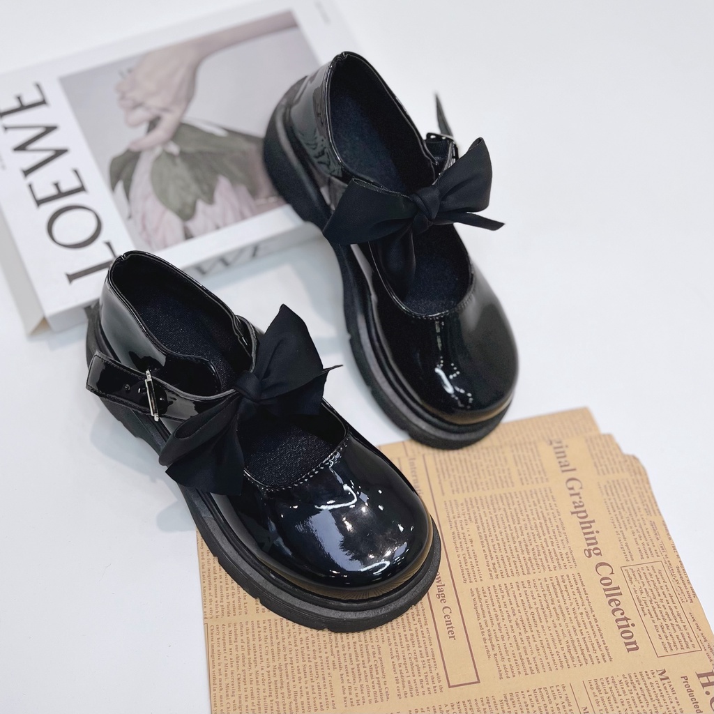 Min's Shoes - Giày Mary Jane Nơ Đen Da Bóng Cao Cấp V255