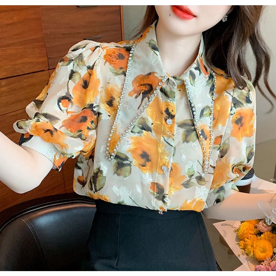 Áo Sơ Mi Tay Phồng Dáng Rộng In Họa Tiết Thời Trang Hàn Quốc Dễ Phối Đồ