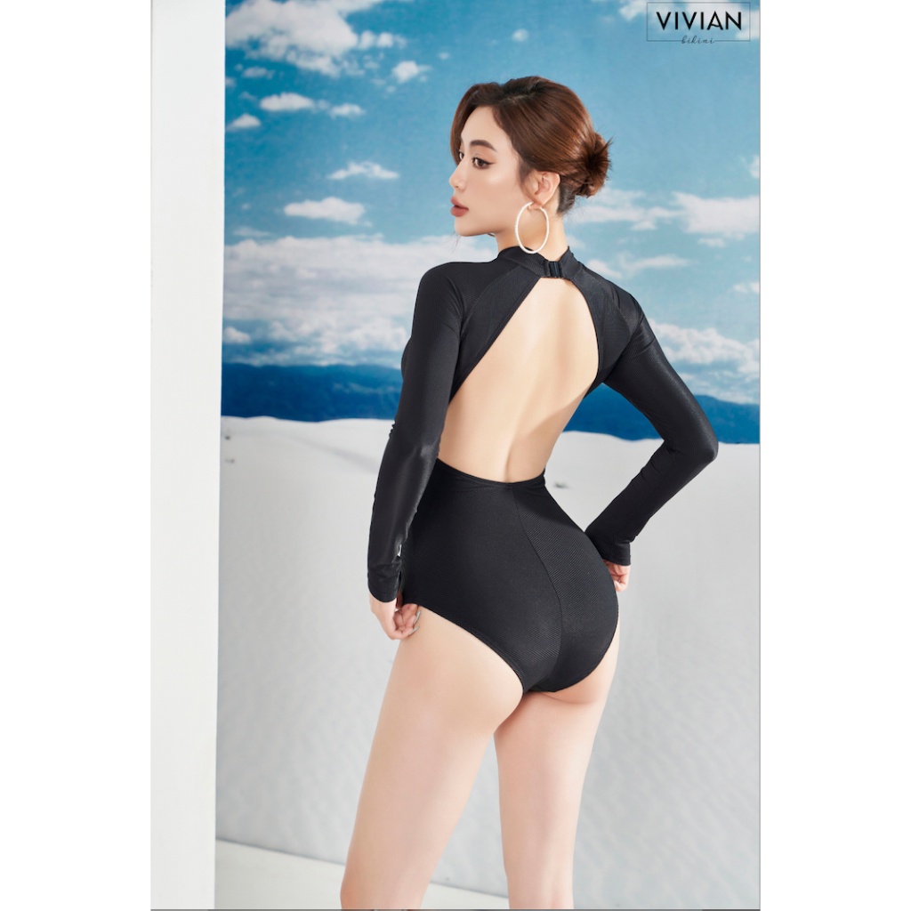 Đồ bơi nữ cao cấp 𝐕𝐈𝐕𝐈𝐀𝐍 dạng một mảnh tay tạo hình cutout cách điệu - Đen - VS183_BL
