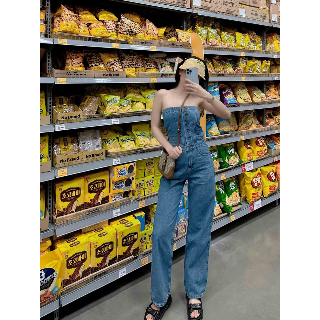 Jumpsuit Nữ Jean Off-Shoulder, Chất Jean Thoải Mái, WJS000042, SOMEHOW | BigBuy360 - bigbuy360.vn