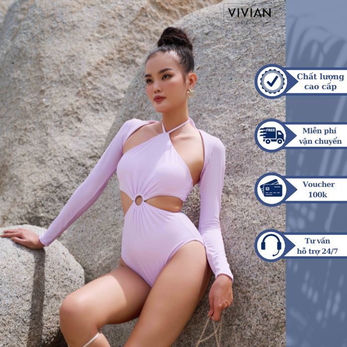 Đồ bơi nữ cao cấp 𝐕𝐈𝐕𝐈𝐀𝐍 dạng một mảnh yếm phối áo tay dài cover - màu Tím - VS187_PP