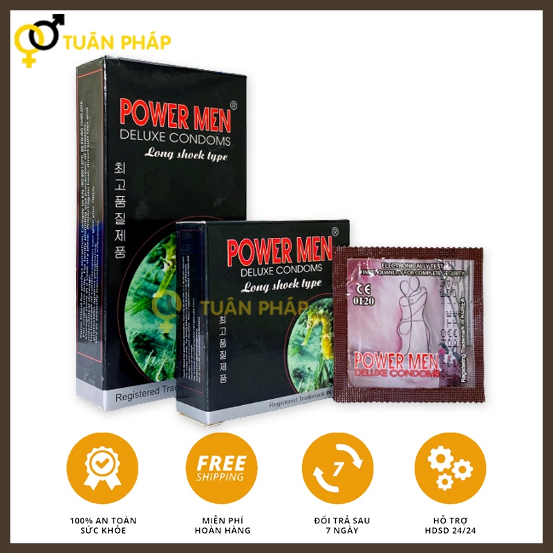 Bao cao su cá ngựa Power Men Long Shock siêu mỏng chứa 5% Benzocain kéo dài thời gian - Hộp 3c & 12c
