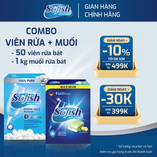 Viên rửa bát không mùi, combo viên rửa sofish hộp 50 viên + muối sofish làm mềm nước 1kg chuyên dùng cho máy rửa bát