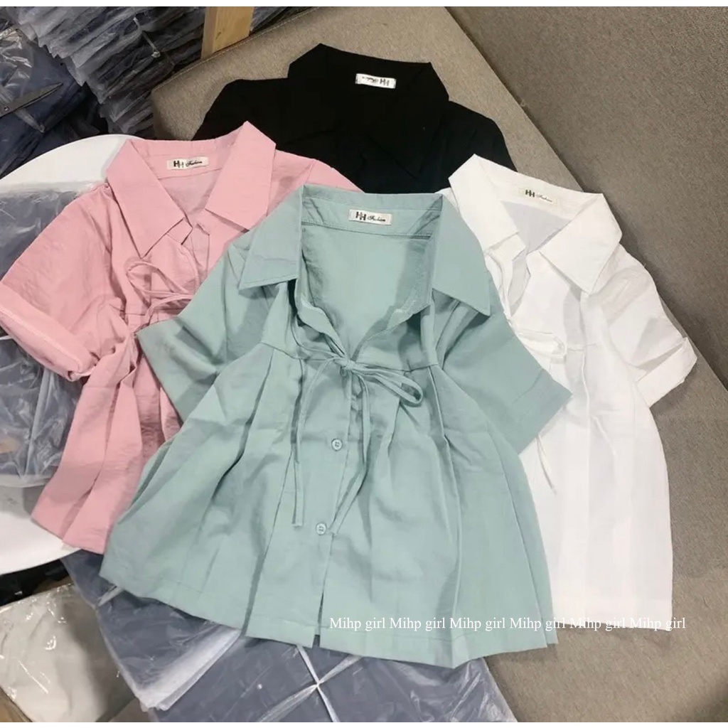 Áo sơ mi tay ngắn tà xếp ly