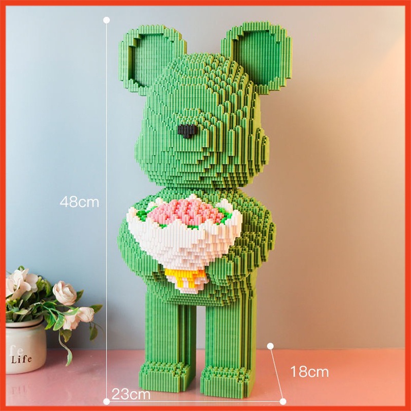 Mô Hình Lắp Ráp Gấu  Bearbrick Ôm Hoa Cỡ Lớn 20cm – 60cm, Đồ Chơi Xếp Hình Cho Bé Trai Và Gái