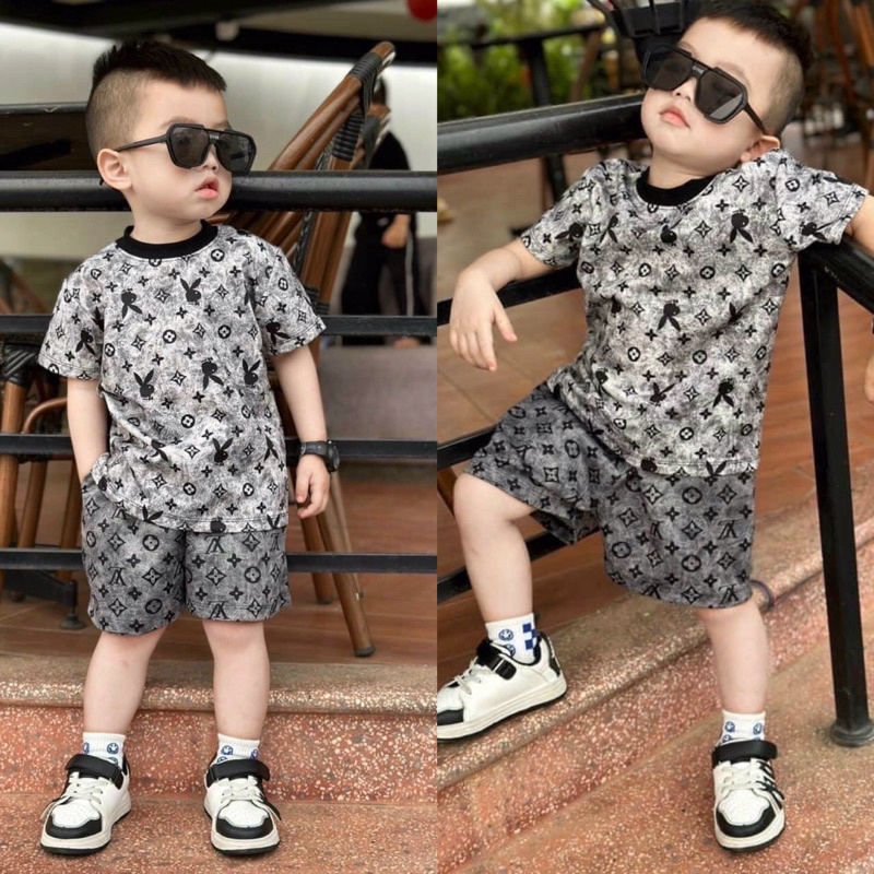 Set L.V Loang Cho Bé, Bộ Áo Cộc Quần Đùi Hoạ Tiết Trẻ Em Cotton