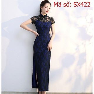 SX422 SƯỜN XÁM REN TAY NGẮN CỔ NÚT TÀU DÁNG DÀI REN ĐEN