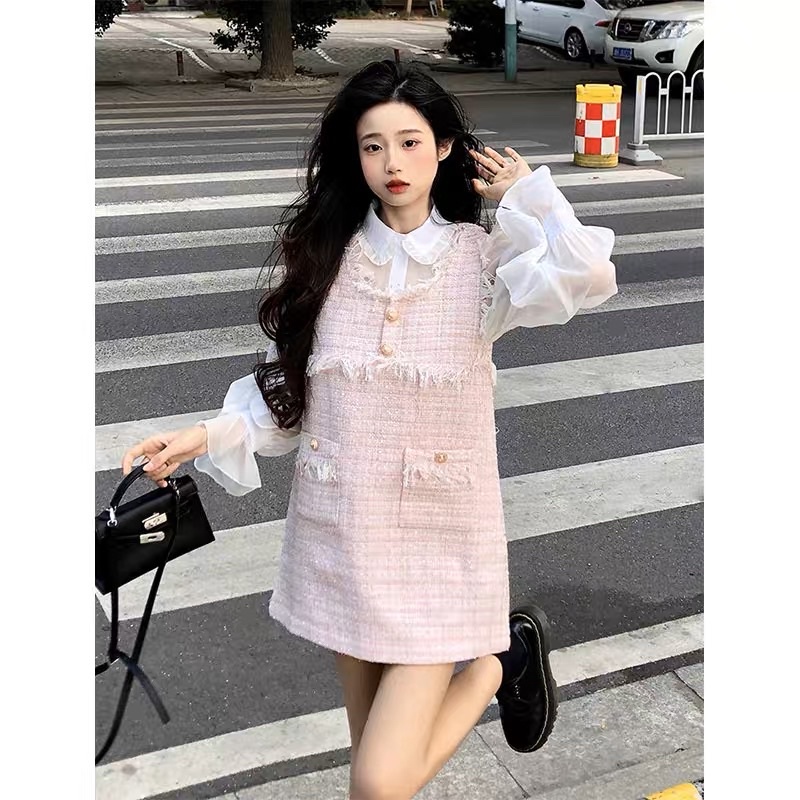 Set váy dạ hồng và sơmi