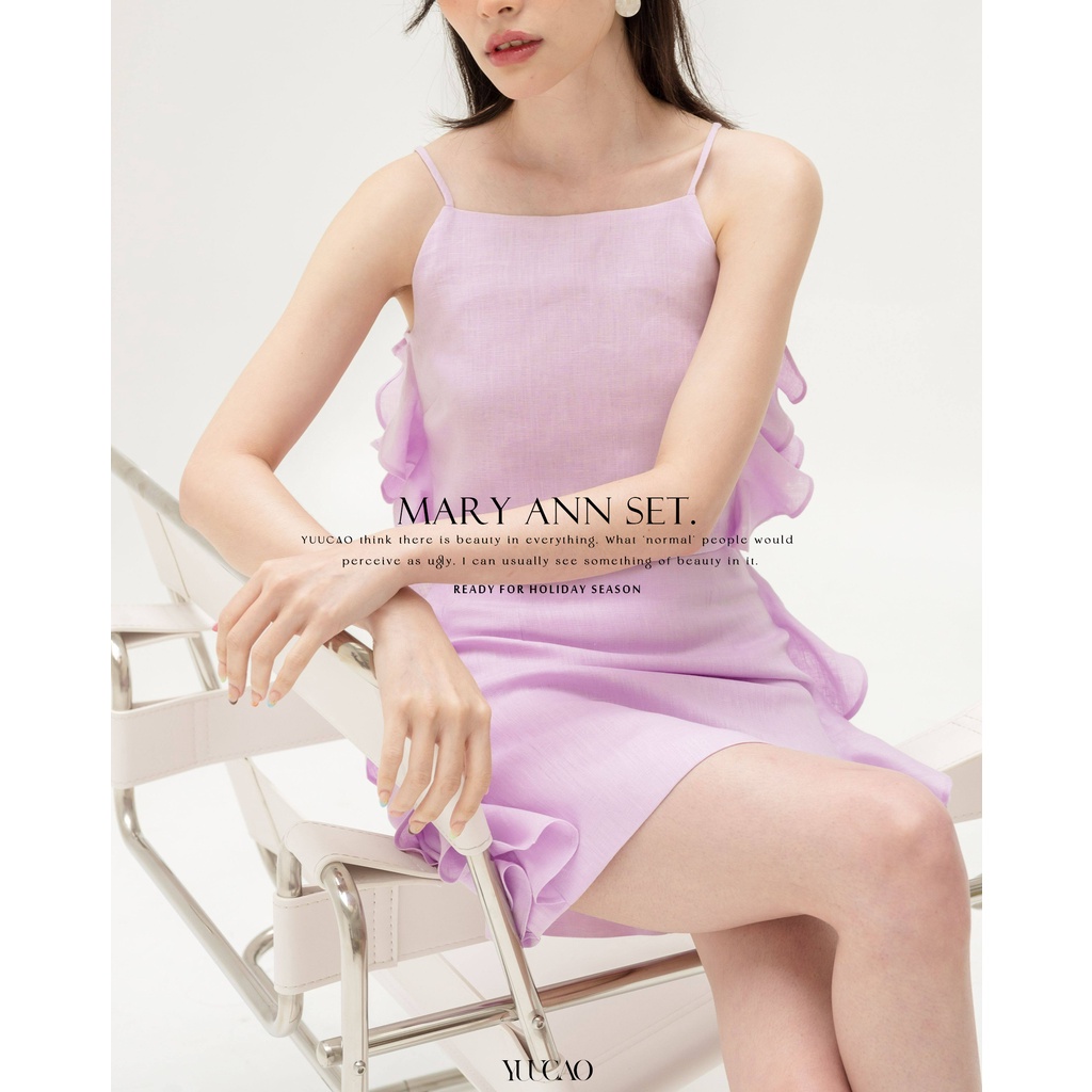 MARY ANN set váy màu tím nhún bèo chữ A + áo 2 dây