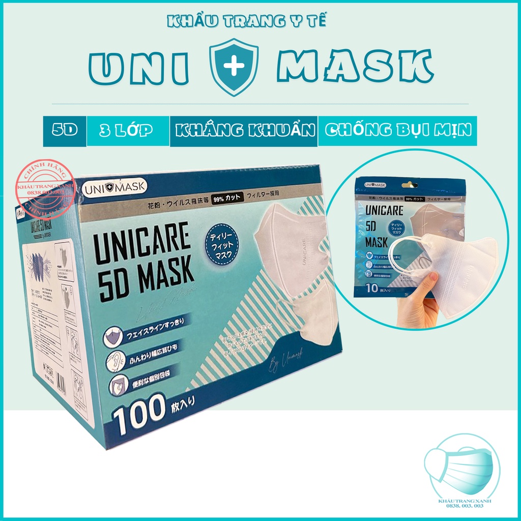 1 thùng khẩu trang y tế 5D Uni Mask phom ôm Sát Mặt với 3 lớp vải không dệt có kháng khuẩn-khautrangxanh
