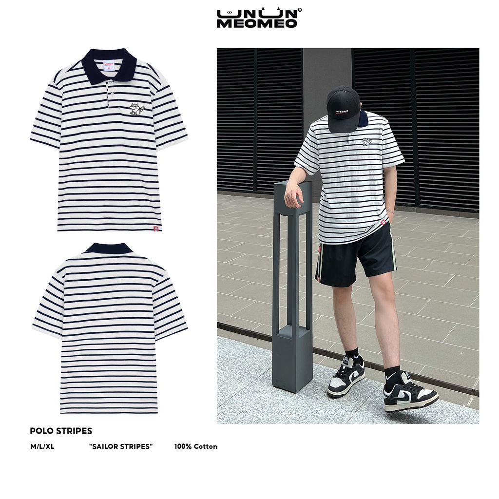 Áo polo, áo thun polo có bo cổ, họa tiết kẻ sọc ngang, form áo dành cho nam nữ thêu con cáo Fox - Striped Polo Shirt