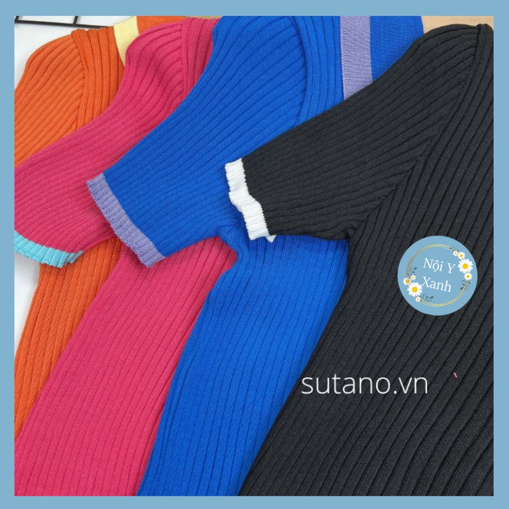 áo thun phông gân len nữ mongtoghi ngắn tay croptop cổ phối viền cá tính Nội Y Xanh